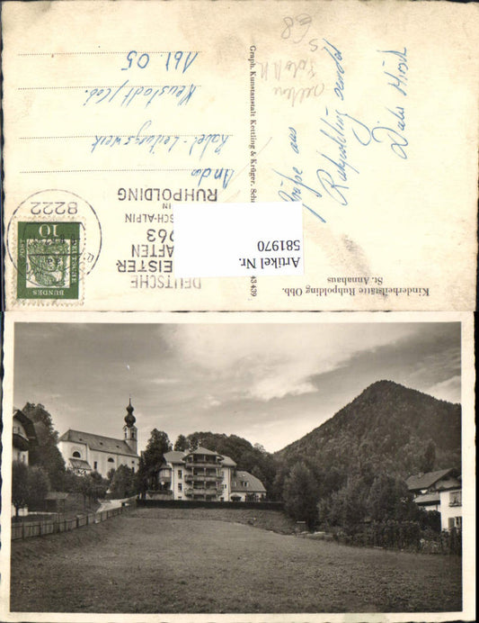 581970, Rare photo postcard Ruhpolding St. Annahaus Church stamp German Ski Championship 1963