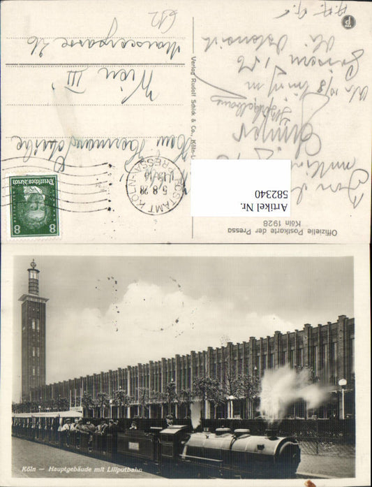 582340,Köln a. Rhein Offizielle Postkarte d. Pressa 1928 Hauptgebäude m. Liliputbahn Dampflok