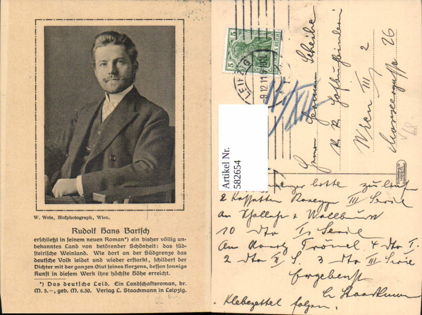 582654,Rudolf Hans Bartsch Schriftsteller u. Offizier pub W. Weis