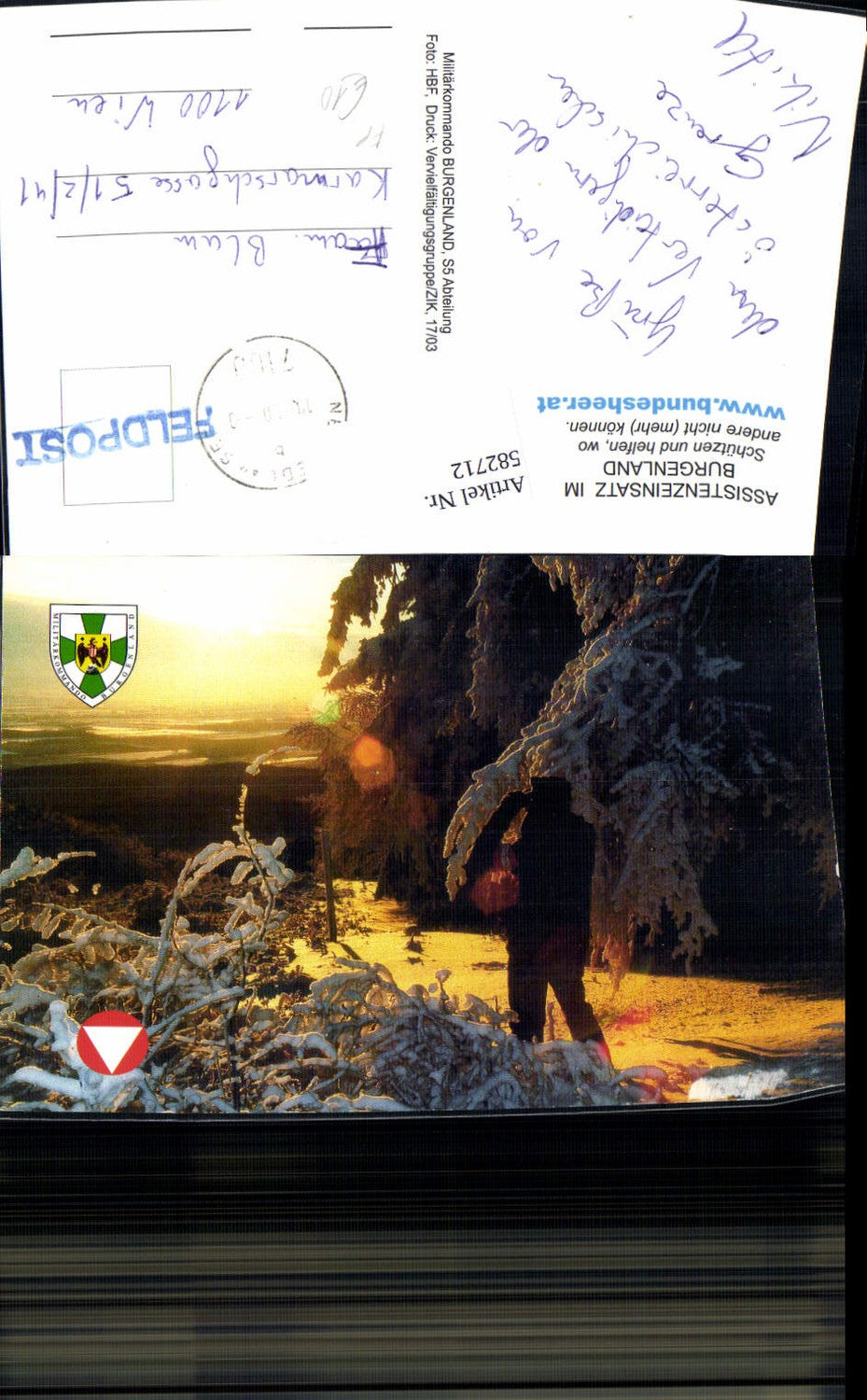 582712,Assistenzeinsatz i. Burgenland Bundesheer Schutz u. Hilfe Soldat i. Winterwald Feldpost
