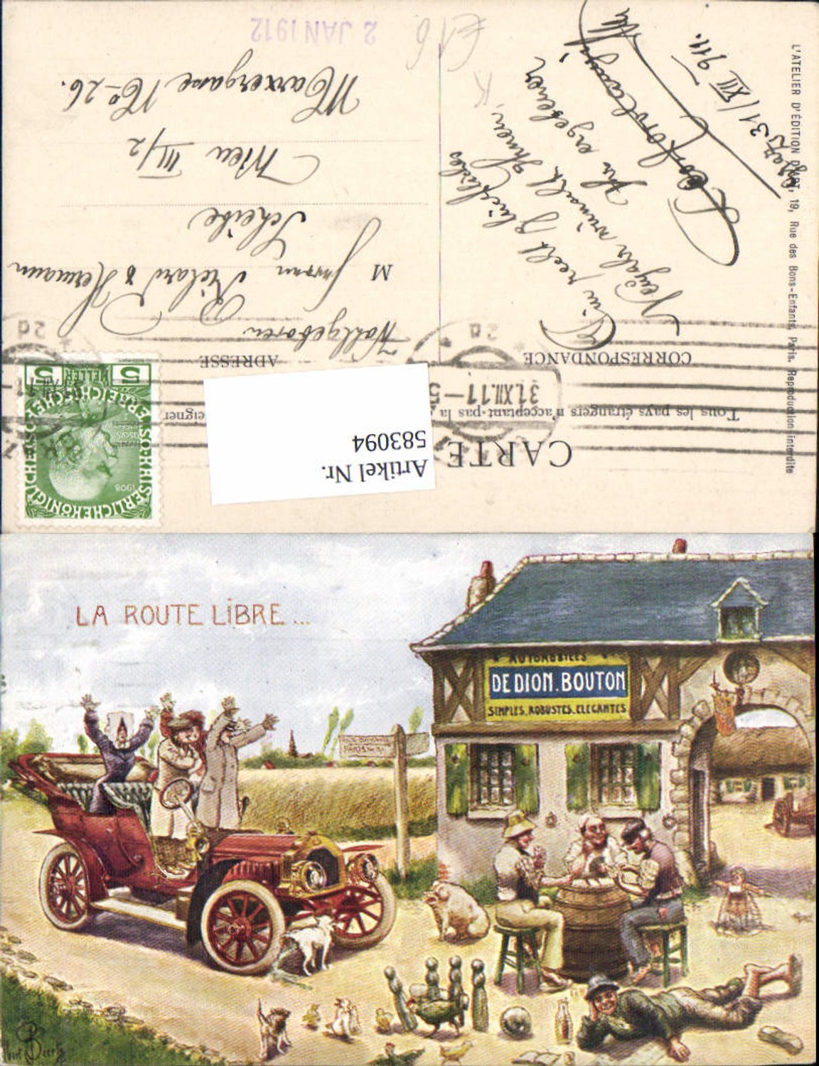 583094,Künstler AK Albert Beerts Humor De Dion Bouton Wein Reklame
