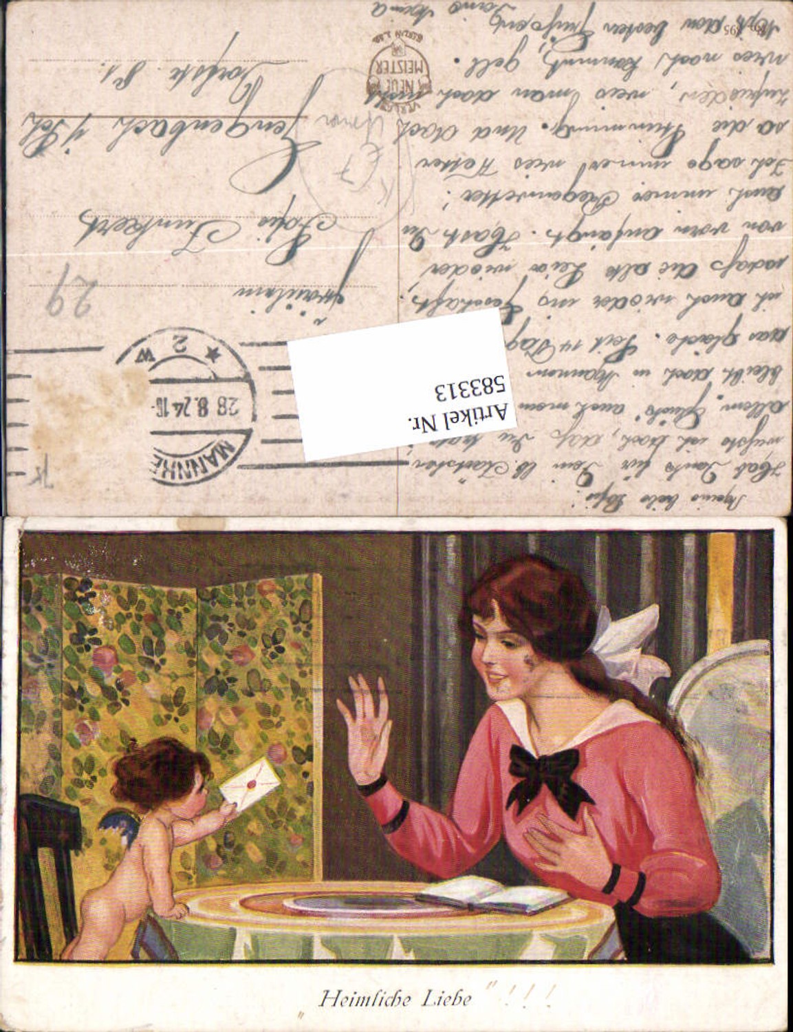 583313,Künstler AK Amor Engel Brief an Frau Heimliche Liebe