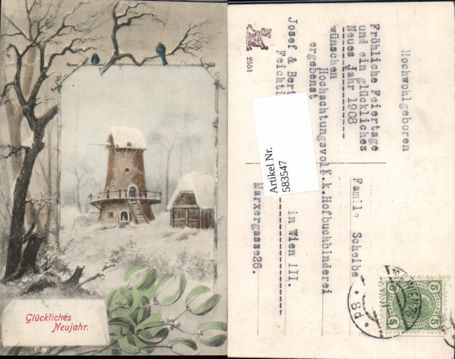 583547,Lithographie Neujahr Windmühle Mühle