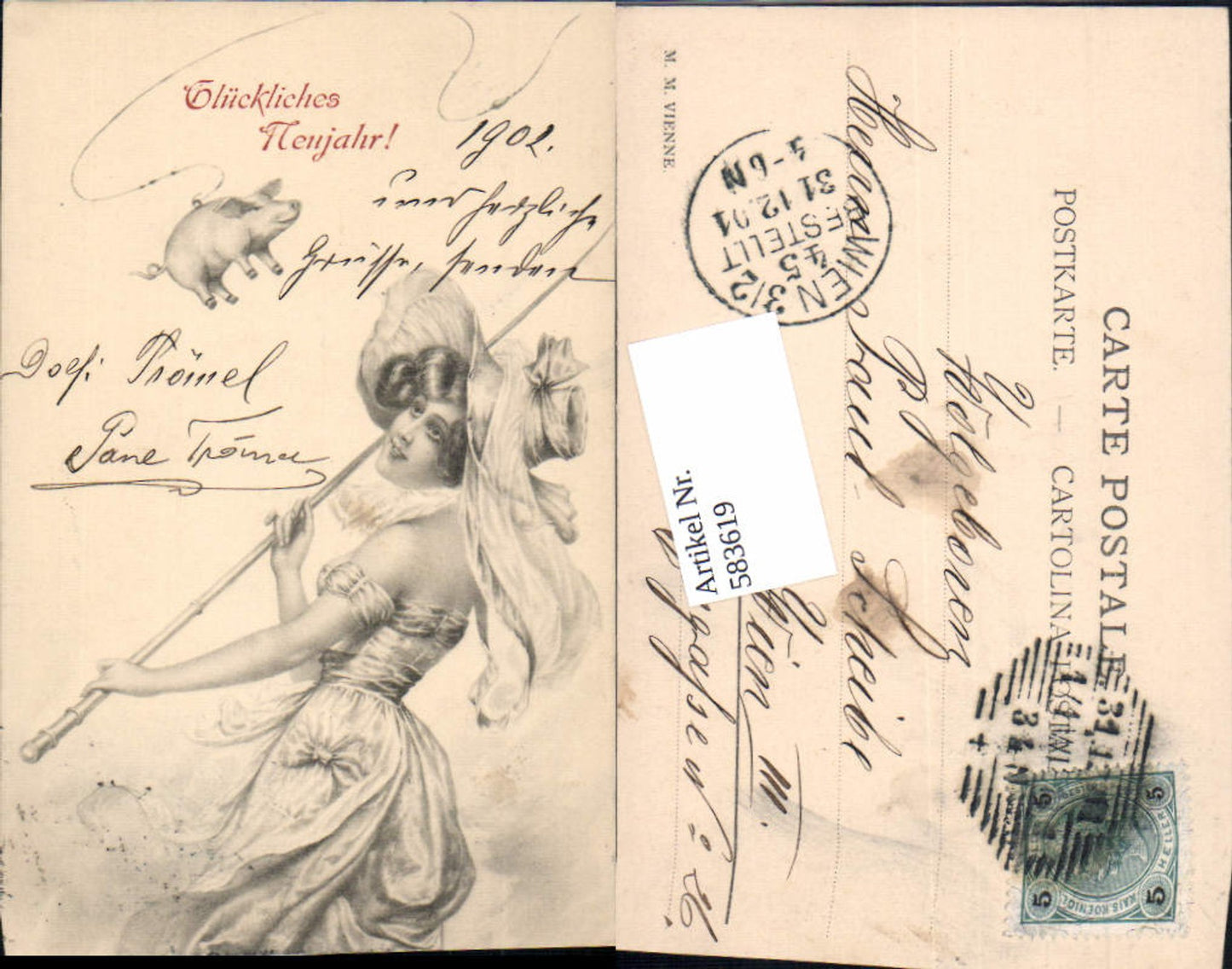 583619,Künstler AK Neujahr Jugendstil Frau pub Munk Vienne