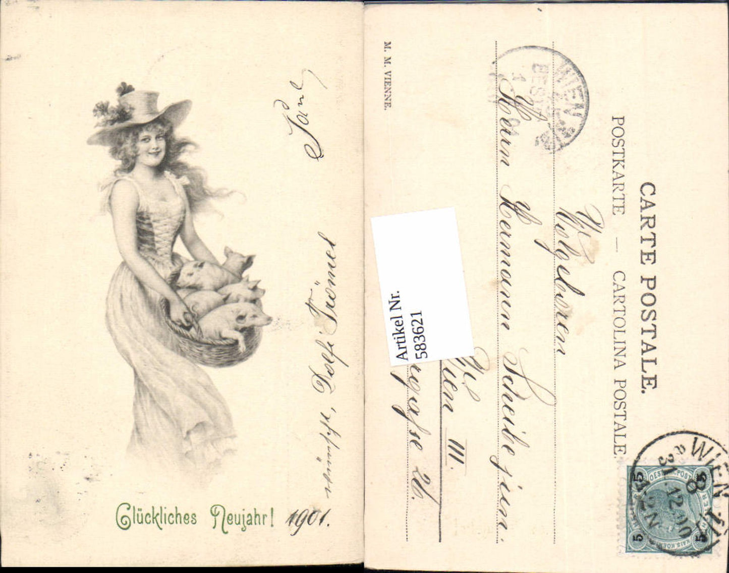583621,Künstler AK Jugendstil Frau Hut Neujahr pub Munk Vienne