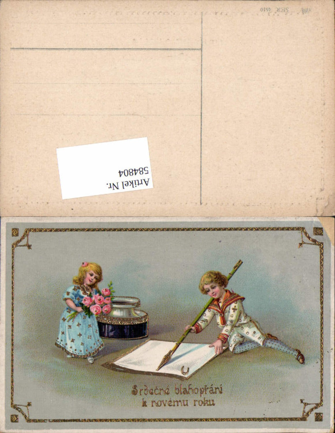 584804,Lithographie Goldverzierung Neujahr Tintenfass Kinder Füllfeder