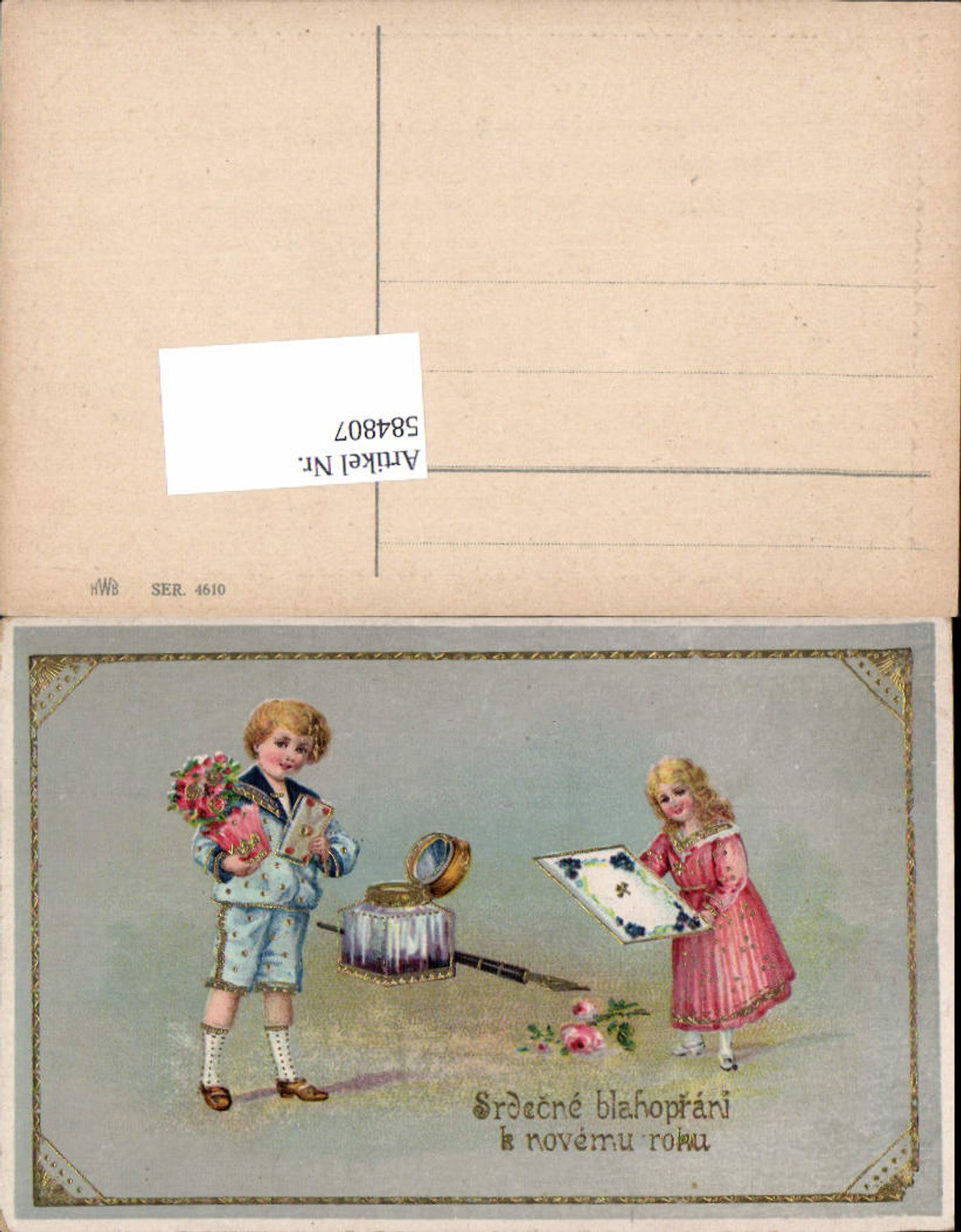 584807,Lithographie Goldverzierung Neujahr Tintenfass Kinder Füllfeder