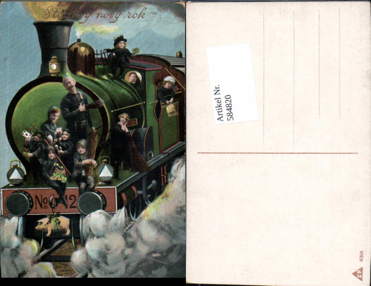 584820,Lithographie Neujahr Lokomotive Eisenbahn Lok Rauchfangkehrer Schornsteinfeger