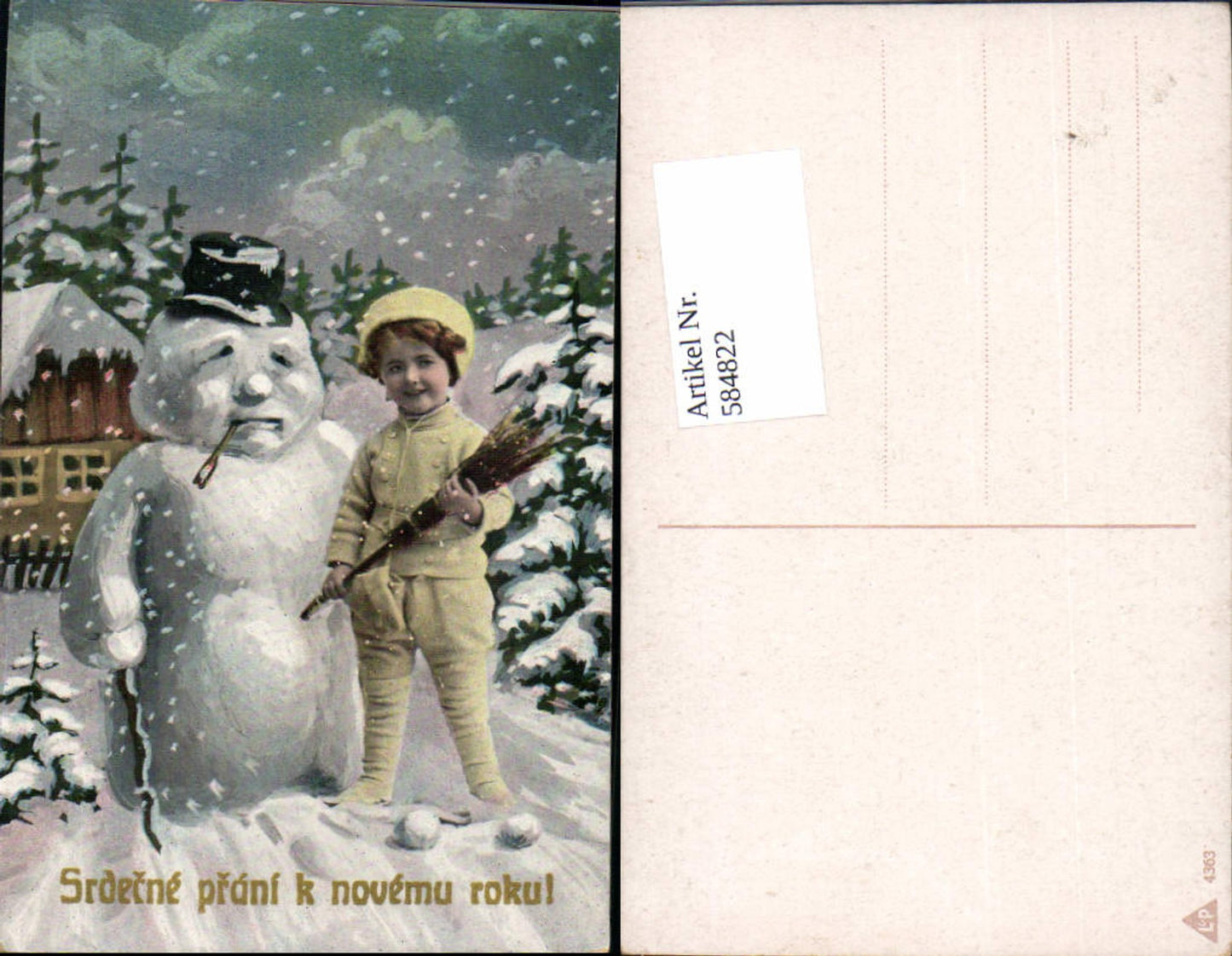 584822,Lithographie Neujahr Kind Schneemann