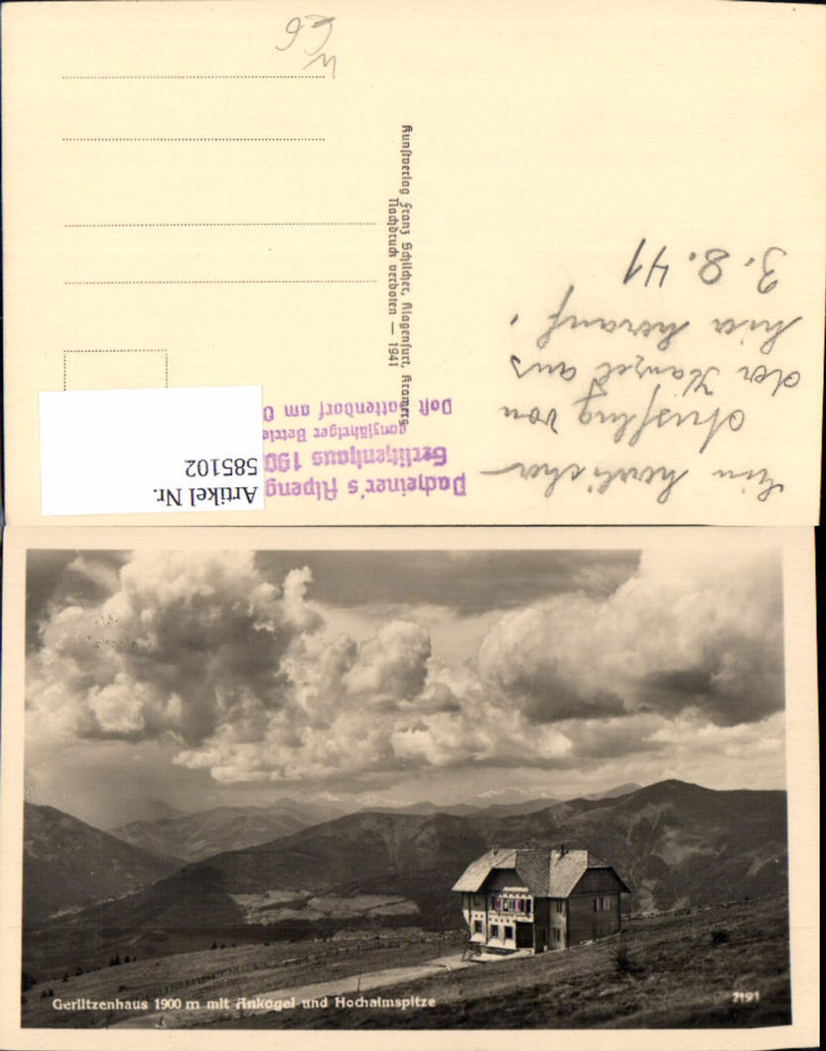 585102,Gerlitzenhaus m. Ankogel u. Hochalmspitze Alpengasthof Sattendorf Treffen am Ossiacher See
