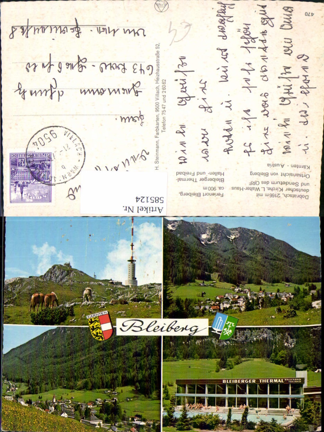585124,Mehrbild Ak Bad Bleiberg Dobratsch m. Kirche Sendeturm Thermalbad