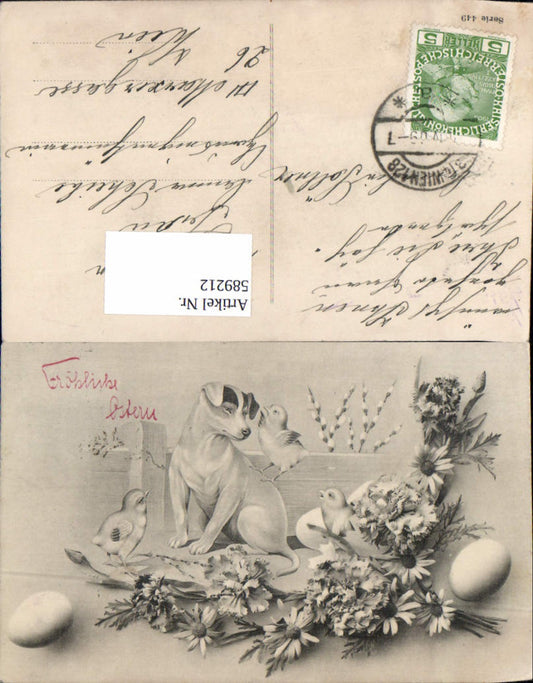 589212, great Easter postcard with pussy willow, dog, chick, dachshund