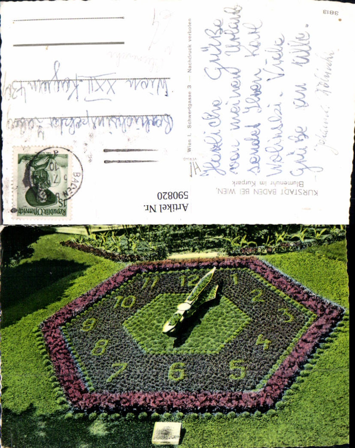 590820,Foto Ak Baden b. Wien Blumenuhr Kurpark Blumen