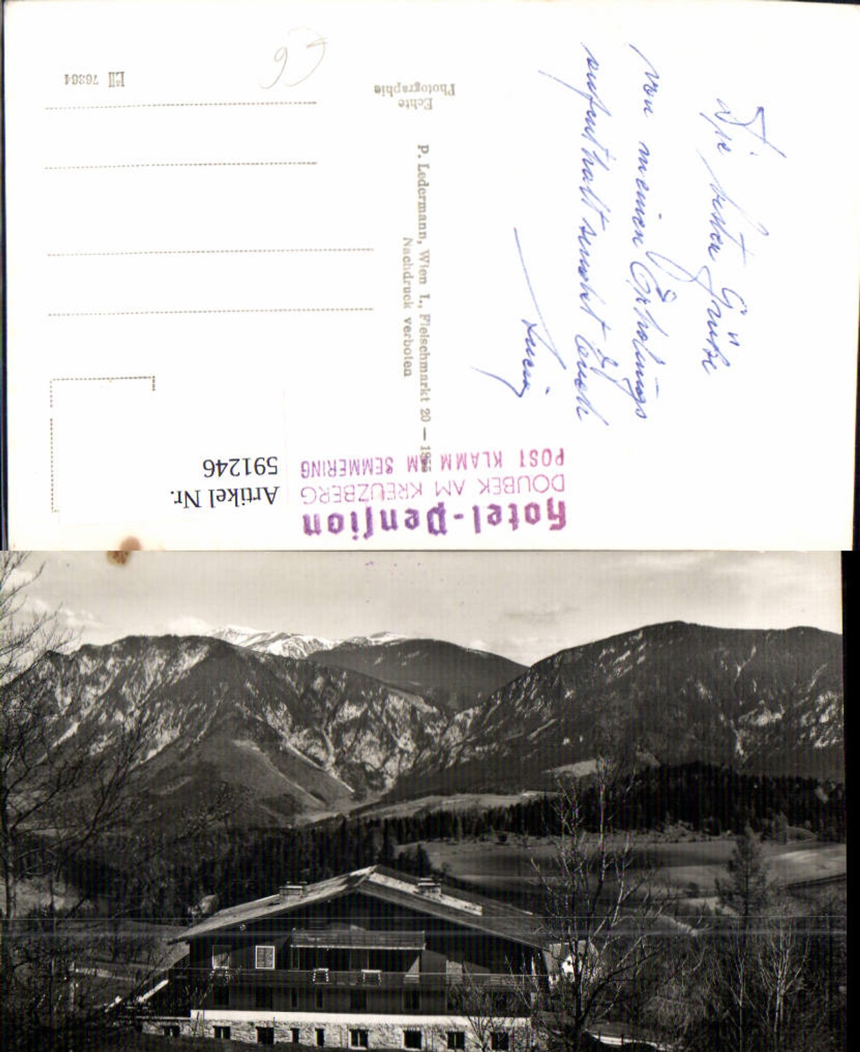 591246,Foto Ak Hotel Pension Doubek a. Kreuzberg geg. Schneeberg Payerbach Klamm a. Semmering