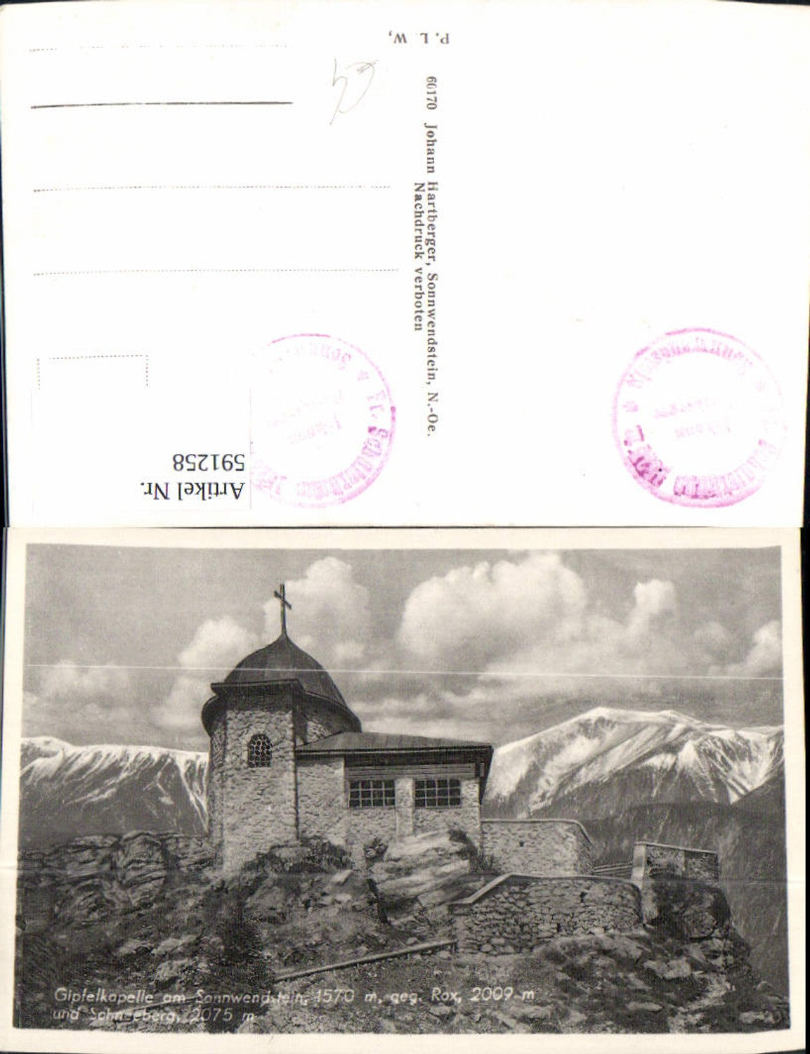 591258,Foto Ak Gipfelkapelle a. Sonnwendstein geg. Rax u. Schneeberg Maria Schutz Schottwien