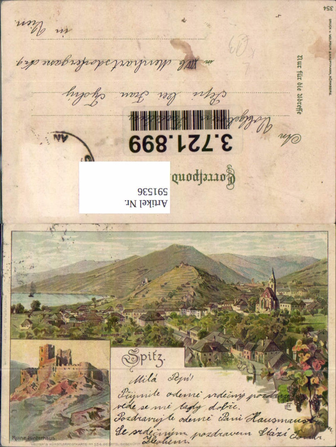 591536,Künstler Litho Karl Ludwig Fischer Spitz a. d. Donau Ruine Hinterhaus