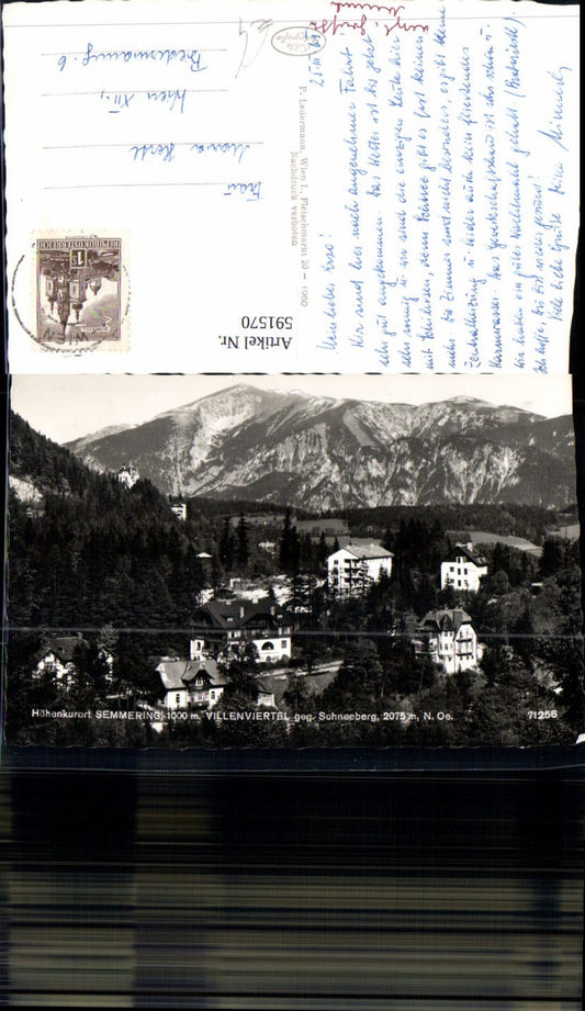 591570, Photo postcard Semmering villa district opposite Schneeberg