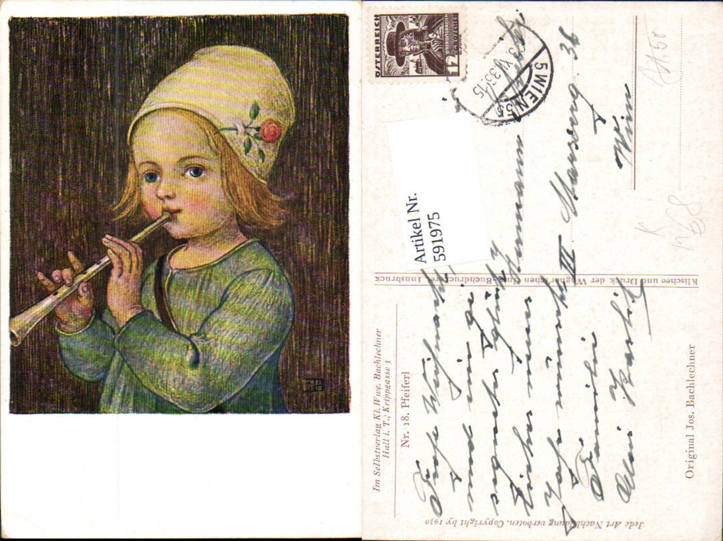 591975,tolle Künstler AK Josef Bachlechner Nr. 18 Pfeiferl Flöte Mädchen