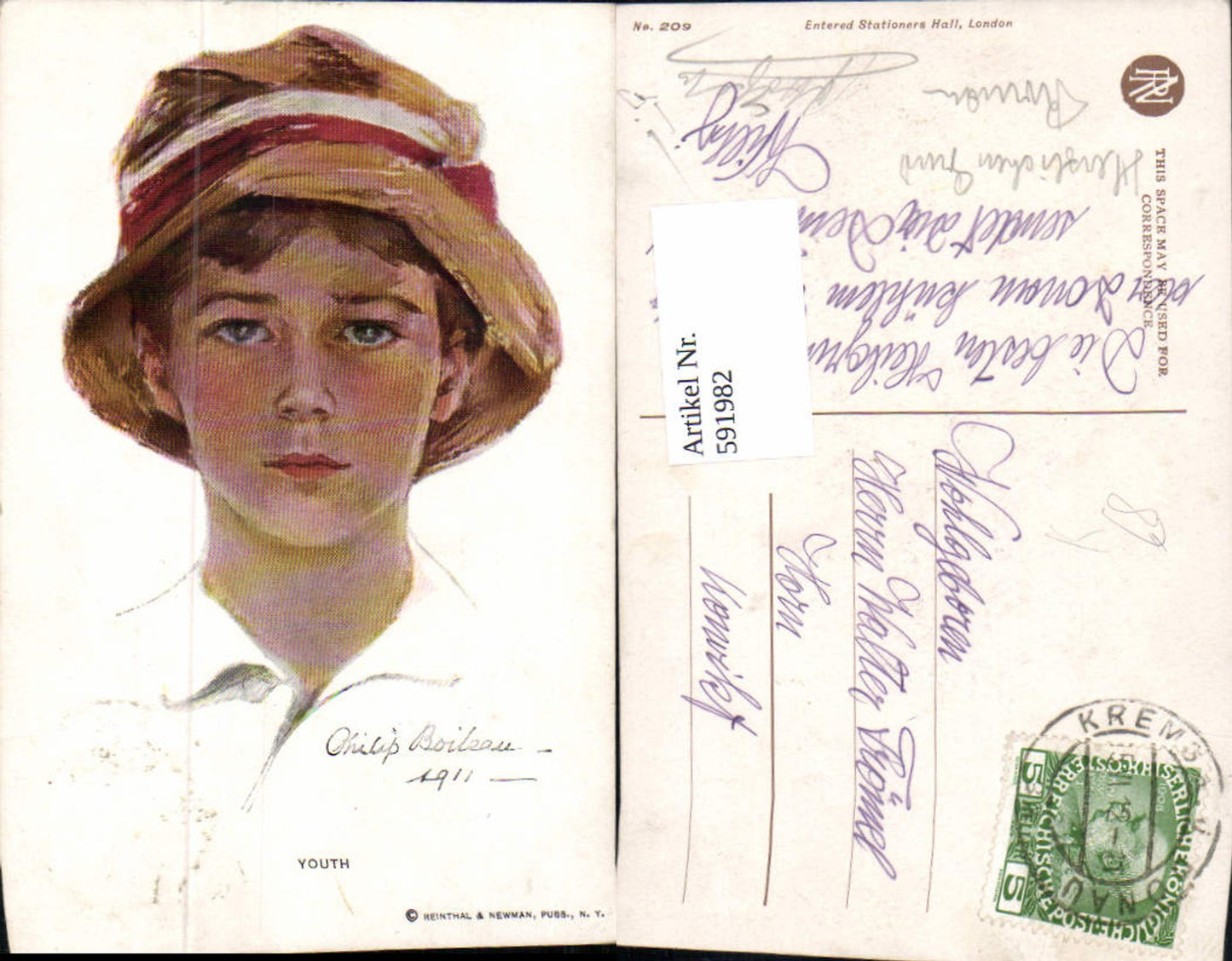591982,tolle Künstler AK Philip Boileau Youth Junge Hut pub Reinthal & Newman 209