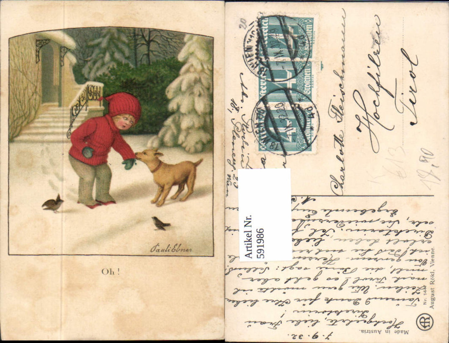 591986,tolle Künstler AK Pauli Ebner Hund Vogel Kind pub Rökl August 1447