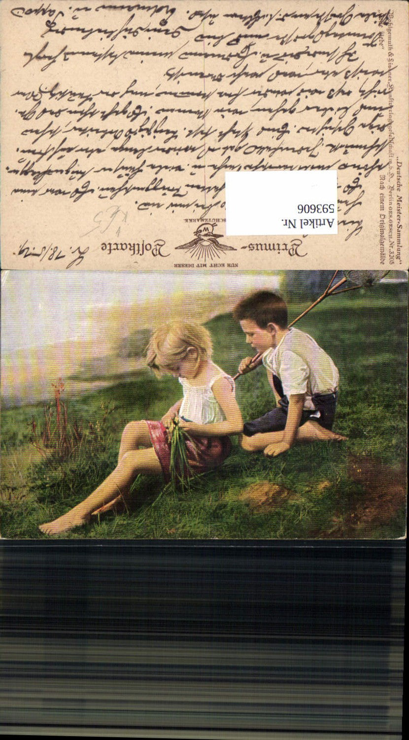 593606,Künstler AK Erste Liebe Kinder am Strand Fischen pub Primus AK 3205