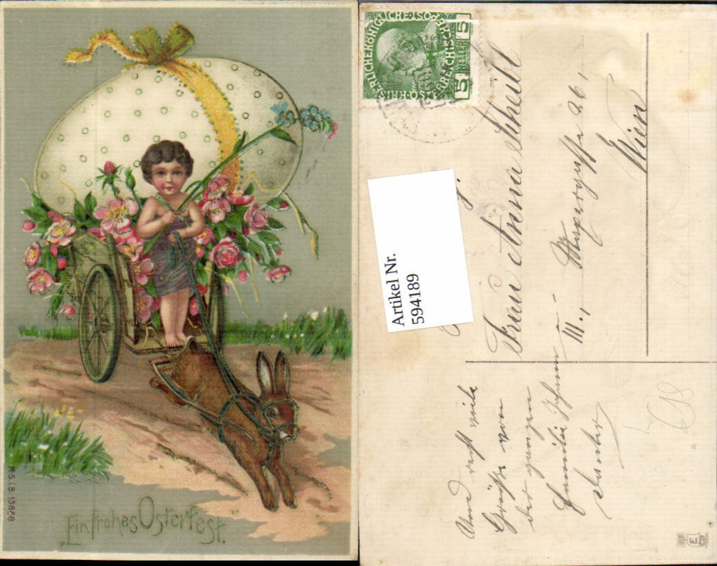 594189, Easter Lithograph Rabbit Easter Egg Wagon Child