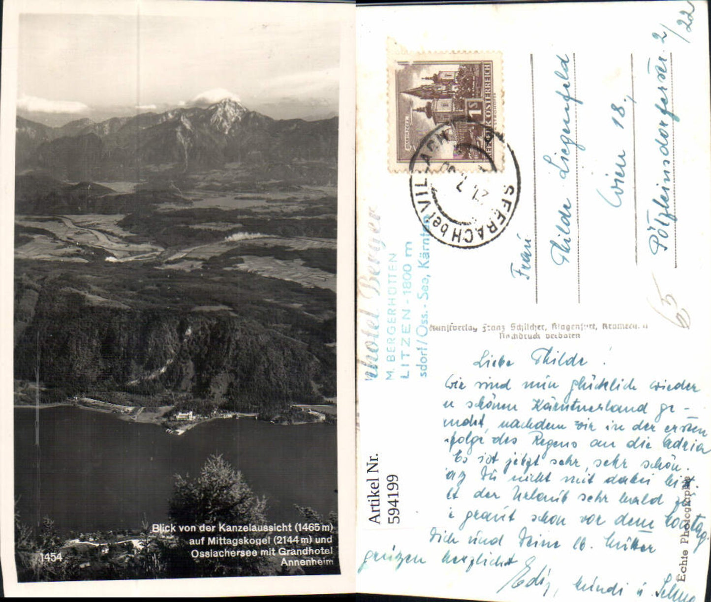 594199,Foto Ak Blick v. d. Kanzelaussicht auf Mittagskogel Grandhotel Annenheim Treffen Ossiacher See Seilbahn