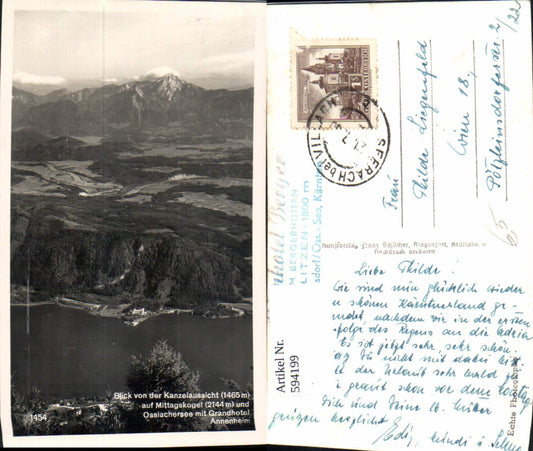 594199,Foto Ak Blick v. d. Kanzelaussicht auf Mittagskogel Grandhotel Annenheim Treffen Ossiacher See Seilbahn