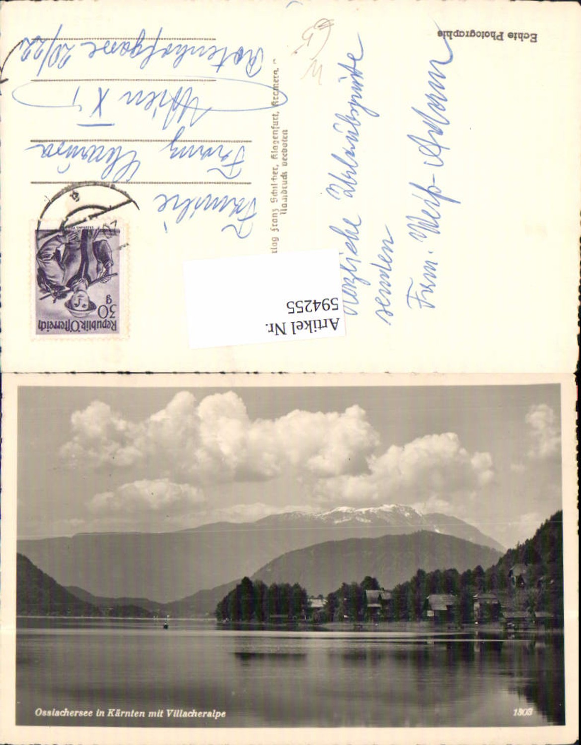 594255, Photo Ak Ossiacher See m. Villacheralpe Rowing boat Boat View towards Annenheim