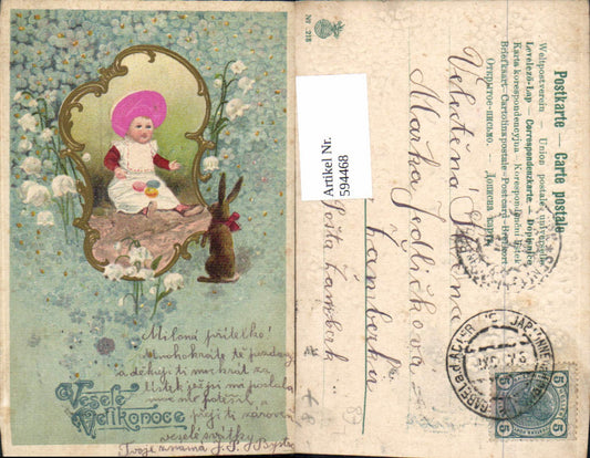594468, Embosser Lithograph Easter Child Rabbit Easter Eggs Vesele Vesikonoce Flowers