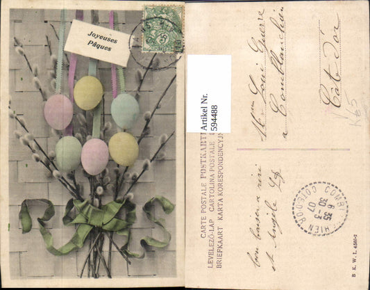 594488,Künstler Ak Ostern Joyeurses Paques Ostereier Palmkätzchen Zweige m. Schleife pub B.K.W.I. 4566/2