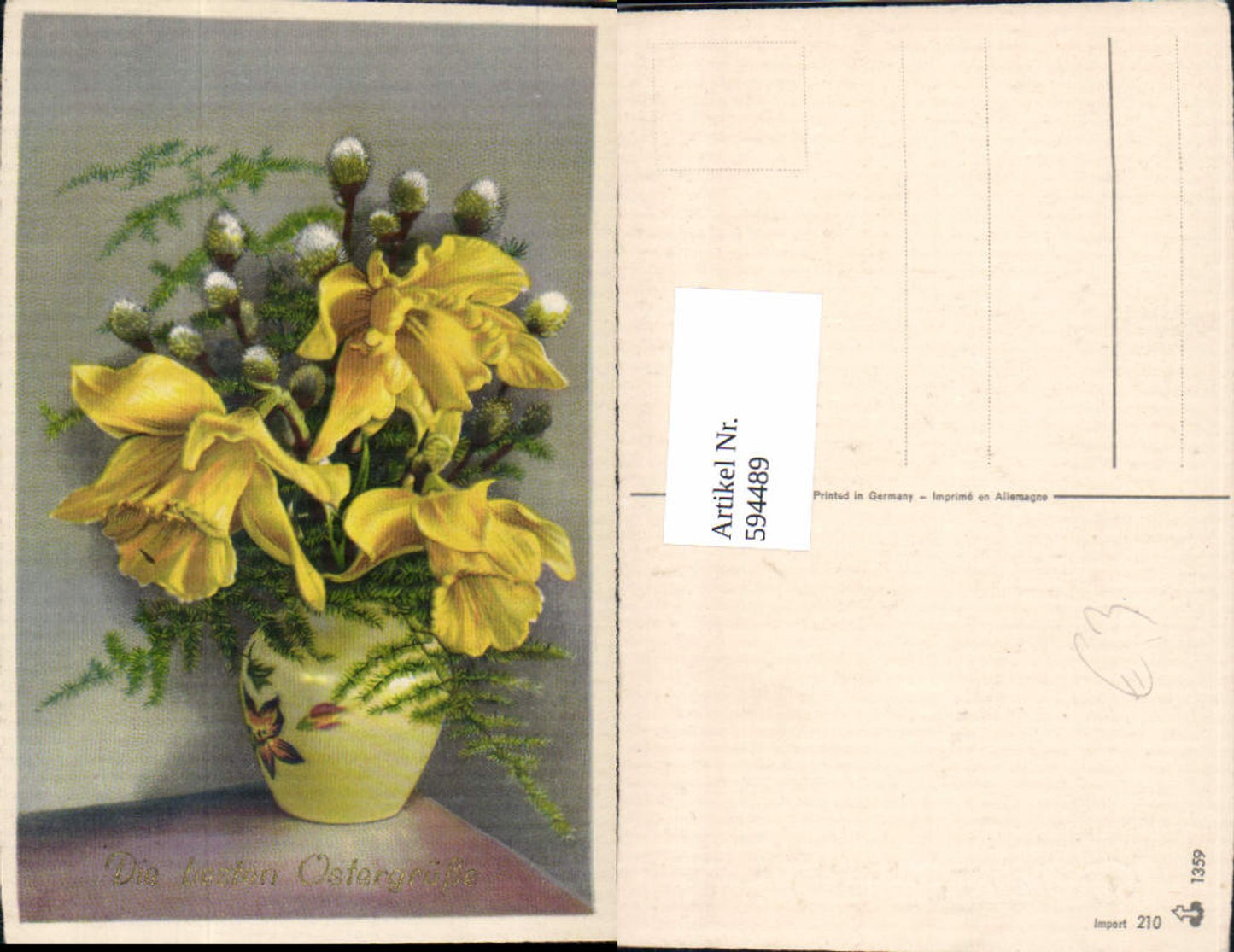 594489,Ostern Vase m. Narzissen Blumen Palmkätzchen Zweige