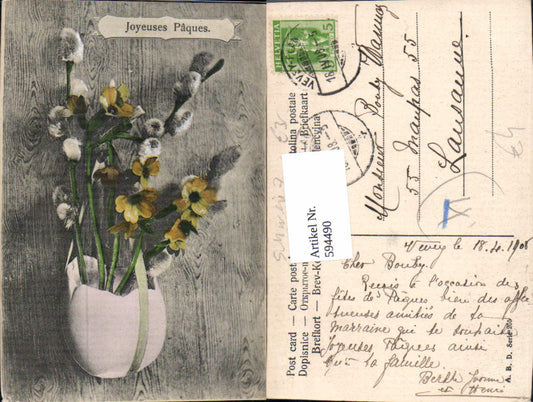 594490,Ostern Eierschale als Vase Blumen Palmkätzchen Zweige Joyeuses Paques