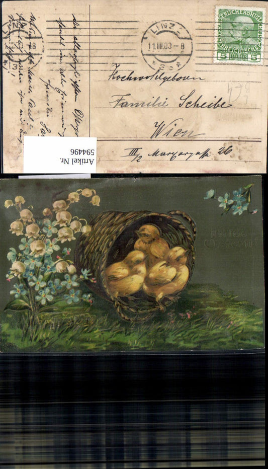 594496,Präge Litho Ostern Korb m. Küken Blumen Vergissmeinnicht