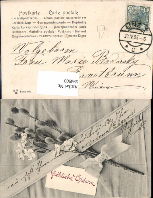 594503, Easter letter envelope ribbon pussy willow
