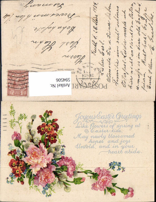 594506, Easter Flowers Carnations Pussy willow Branch Joyous Easter Greetings Text