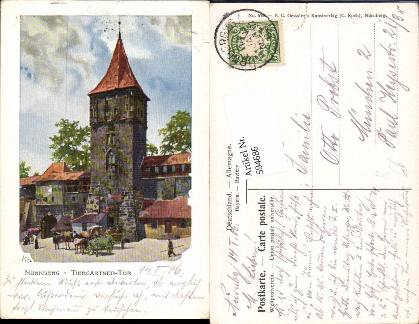 594686,Lithographie Kley Nürnberg Tiergärtner Tor 1906
