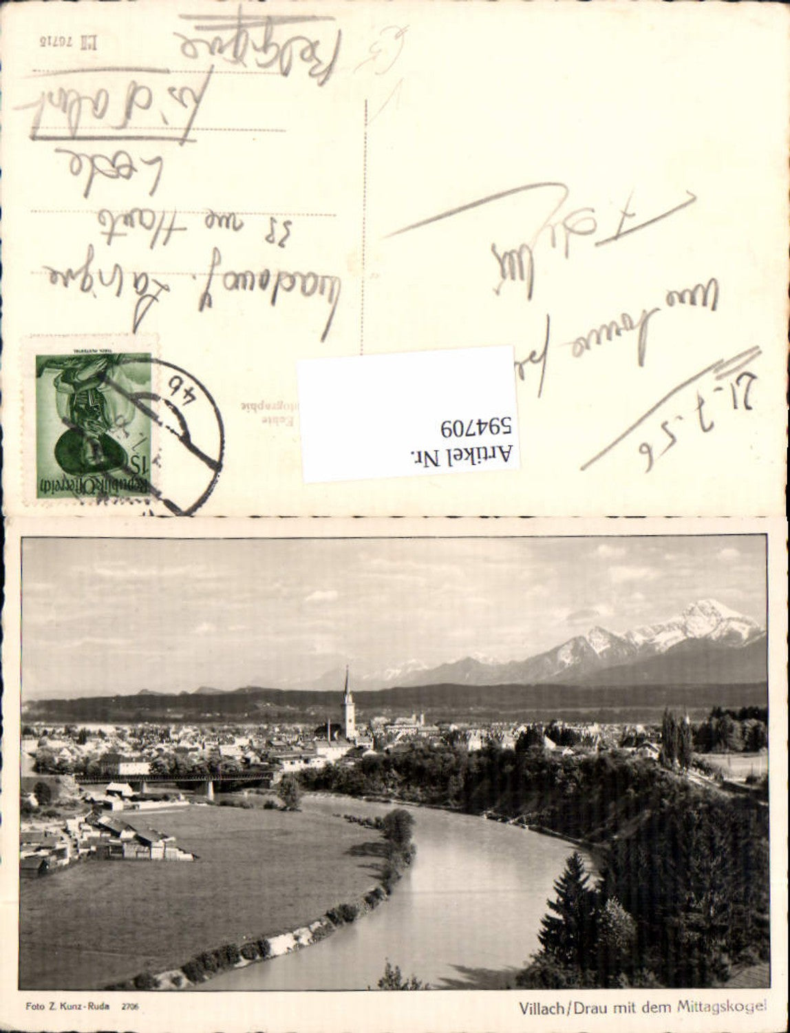 594709,Foto Ak Villach Drau m. d. Mittagskogel Foto Kunz-Ruda 2706