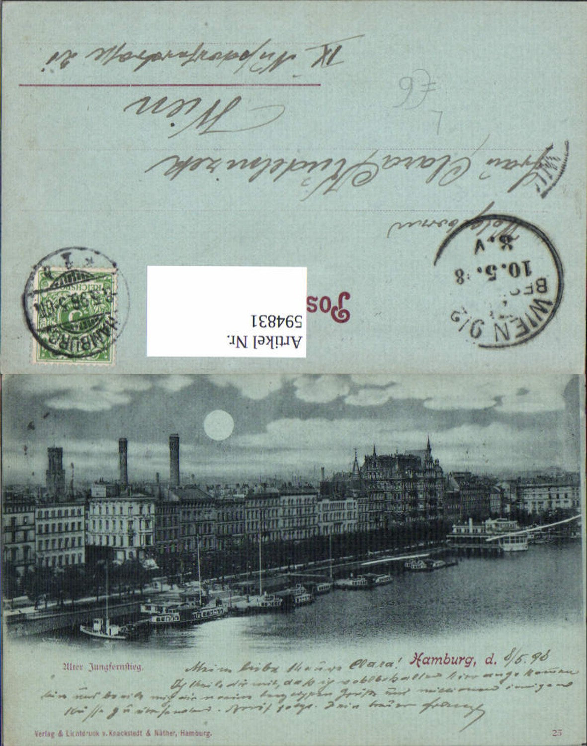 594831, Moonlight Lithograph Hamburg Old Jungfernstieg Ships Steamers Moon