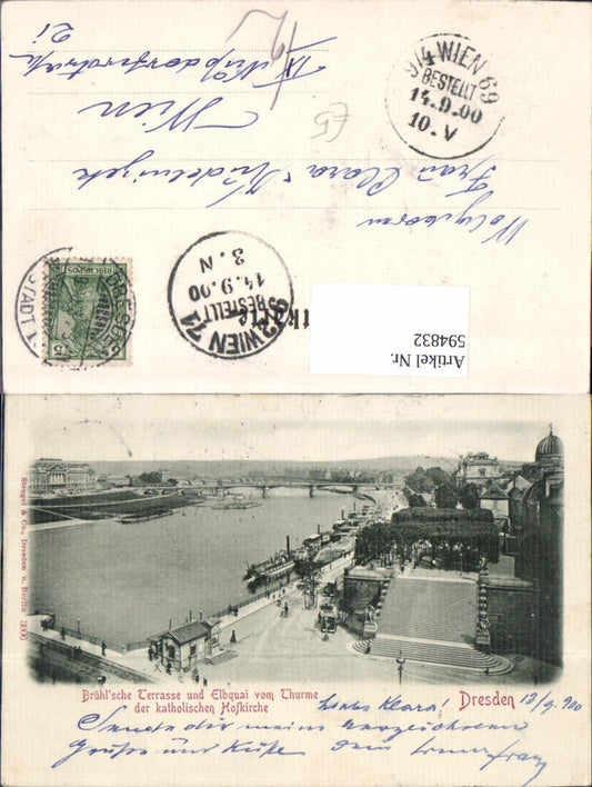 594832,Dresden Brühlsche Terrasse u. Elbquai v. Turm Kath. Hofkirche Schiffe Dampfer