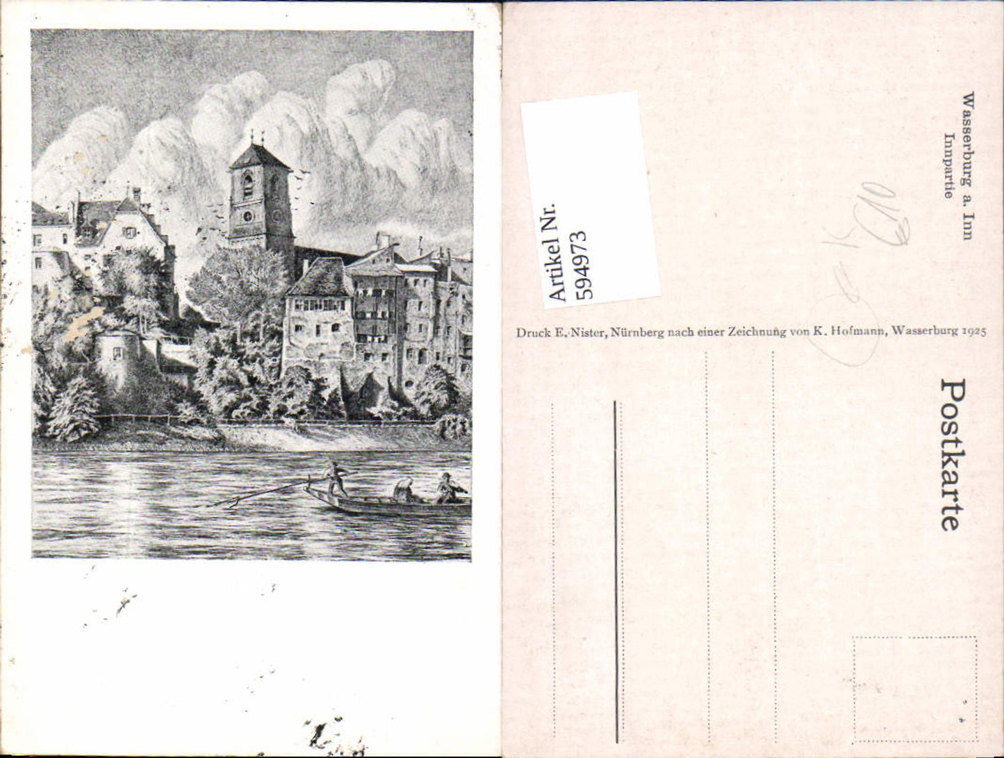 594973, Artist AK K. Hofmann Wasserburg am Inn Inn River Boat