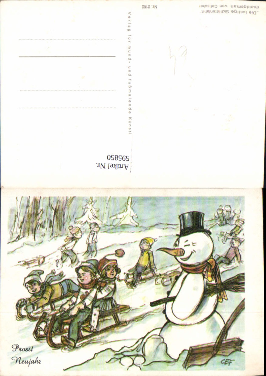 595850,Künstler Ak Cefischer Neujahr Die Lustige Schlittenfahrt Rodeln Vermenschlichter Schneemann
