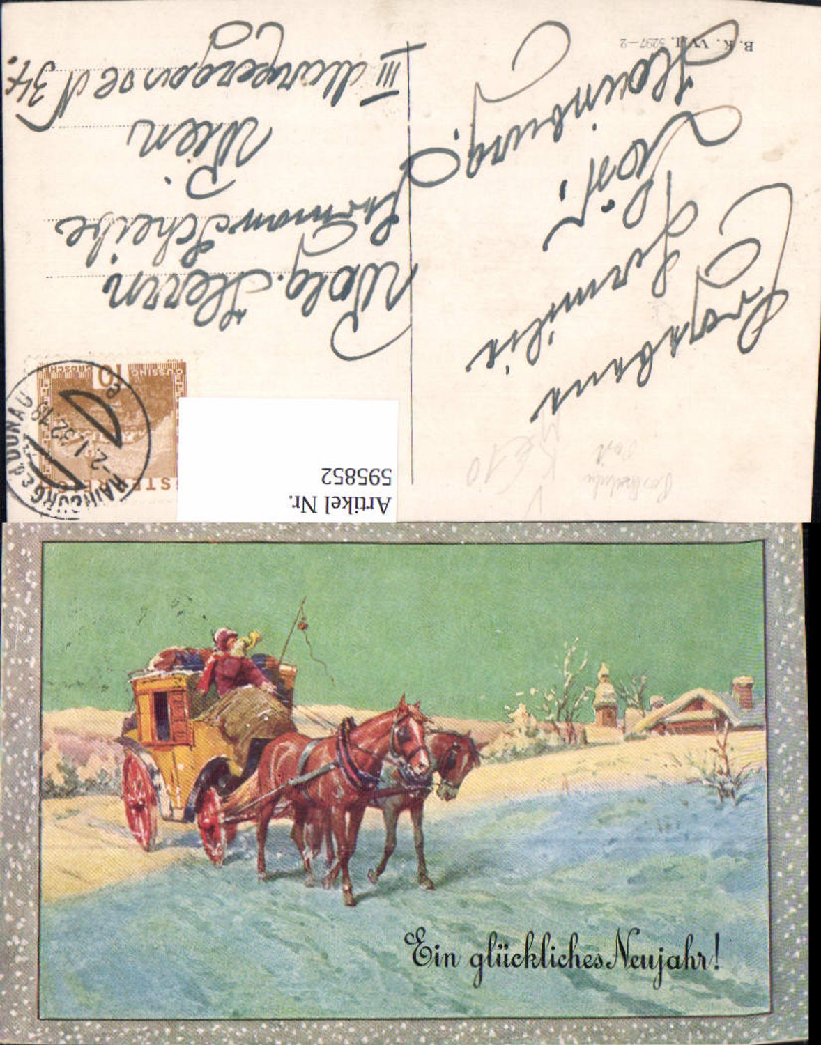 595852,Künstler Ak Neujahr Kutsche Postkutsche Winterlandschaft pub B.K.W.I. 3297/2