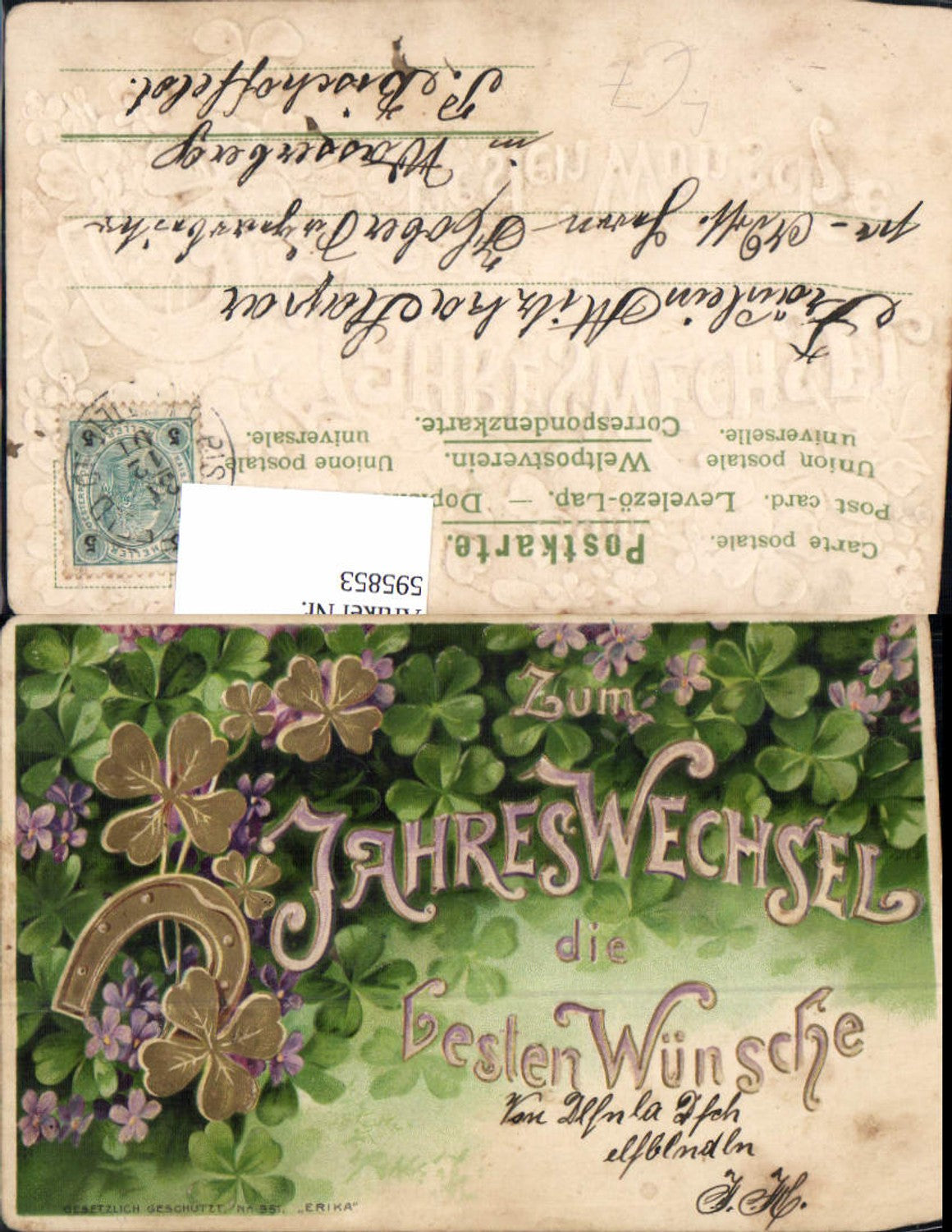 595853,Präge Litho Neujahr Jahreswechsel Hufeisen Klee Kleeblatt Vergissmeinicht pub Erika 951