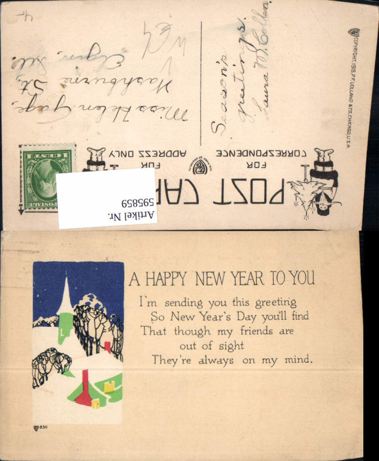 595859,Künstler Ak Neujahr Happy New Year Text Kirche pub P.F. Volland Co Chicago USA