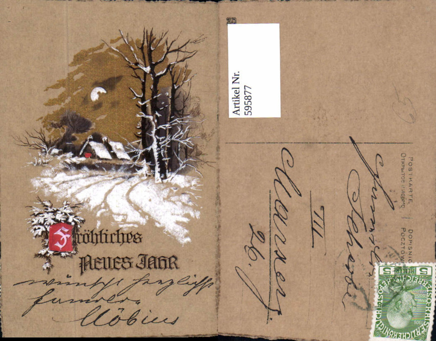 595877,Künstler Ak Neujahr Winterlandschaft Haus Mond
