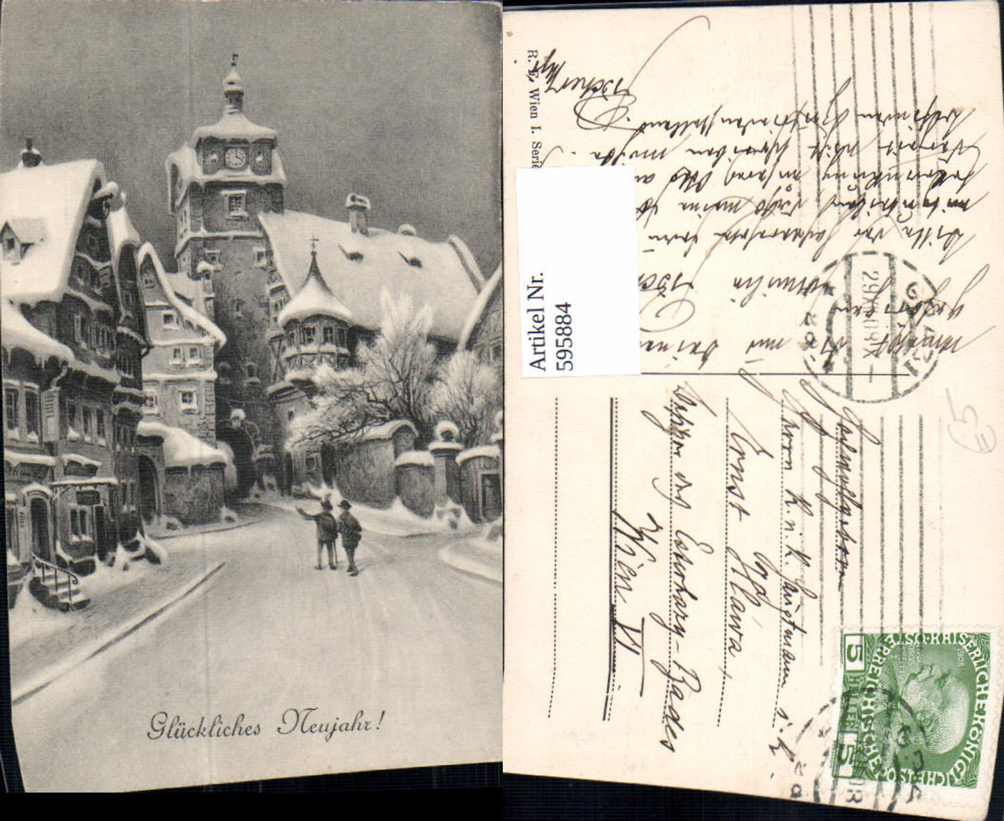 595884,Künstler Ak Neujahr Winteransicht Dorf Stadt Uhr Uhrturm