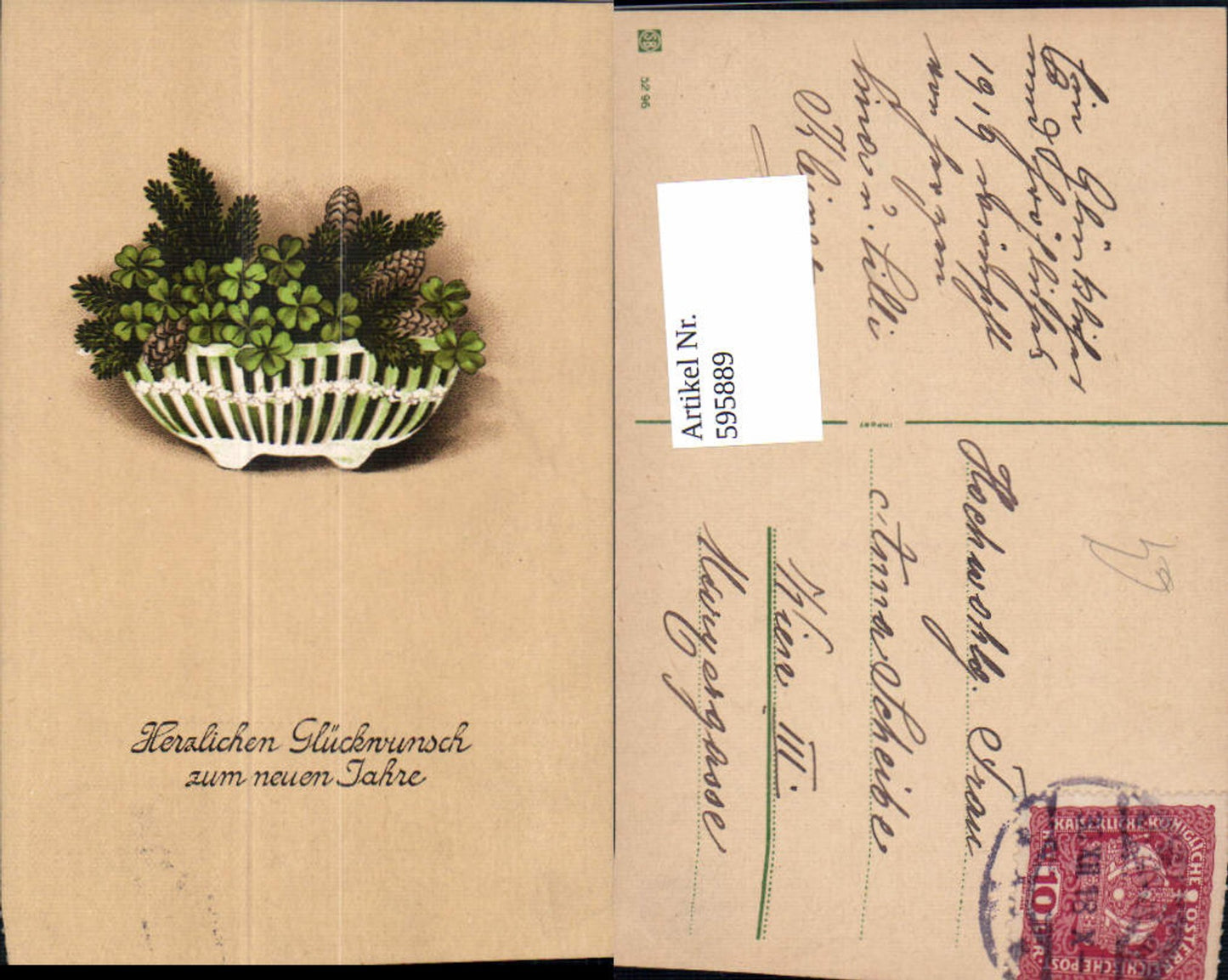 595889,Neujahr Schale m. Klee Tannenzweige Zapfen