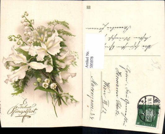 595978, Lithograph Pentecost White Violets Lily of the Valley Flowers Gold Lettering