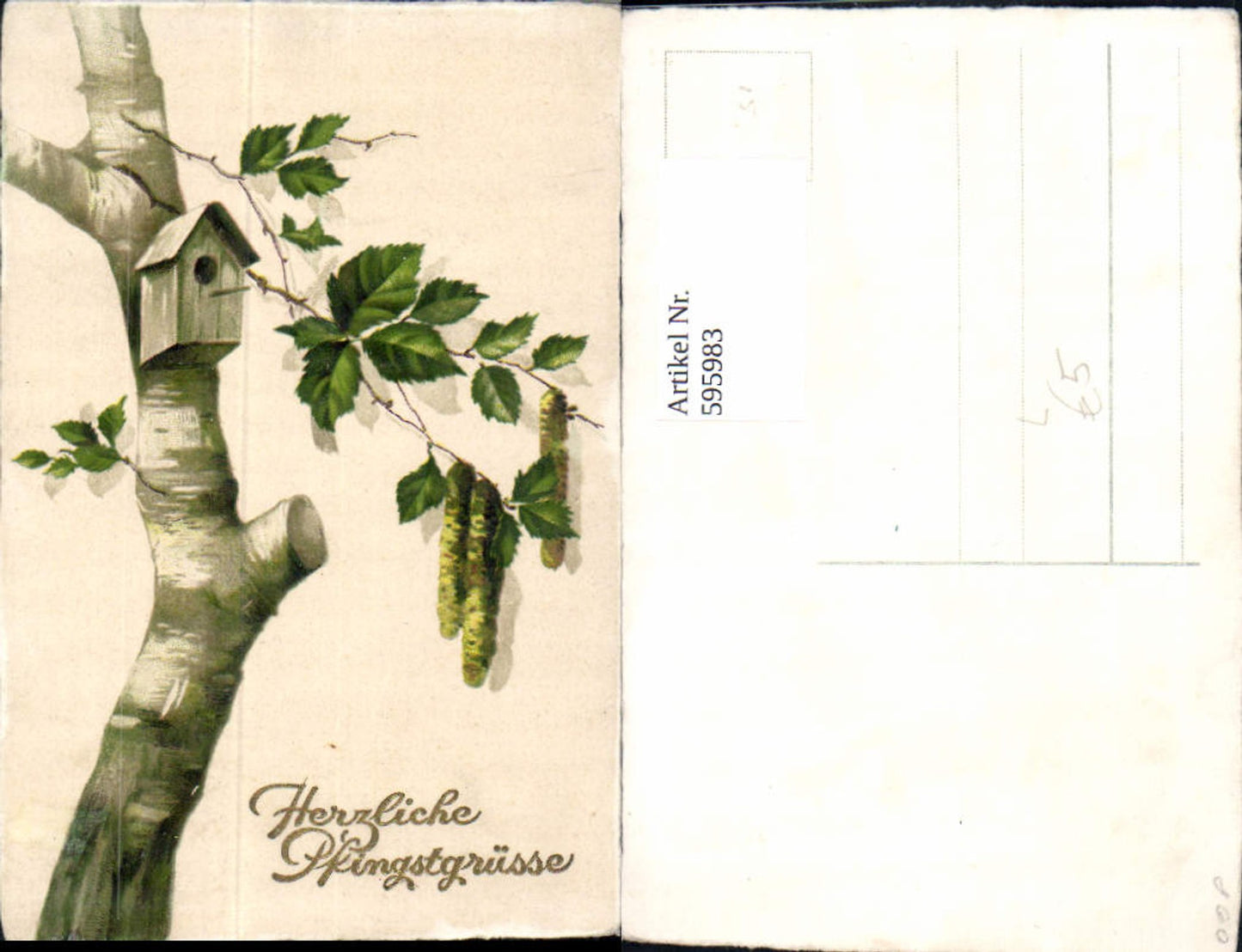 595983,Litho Pfingsten Birke Baum Stamm Vogelhaus Goldschrift